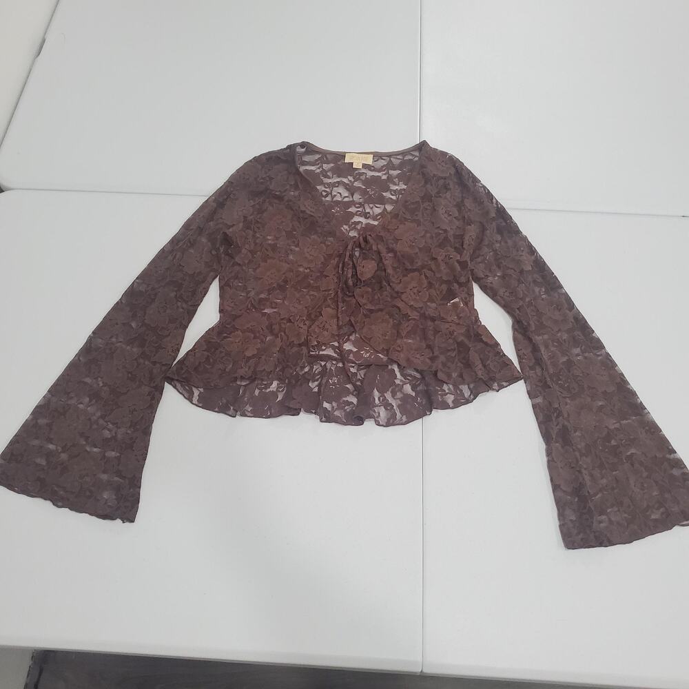 Y2K Fairy Grunge WhimsyLace Top Womens Medium Brown Sheer Bell Sleeve Ruffle